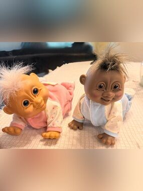 Russ Pair of Plush Crawl Baby Dolls in Pink and Blue Outfits